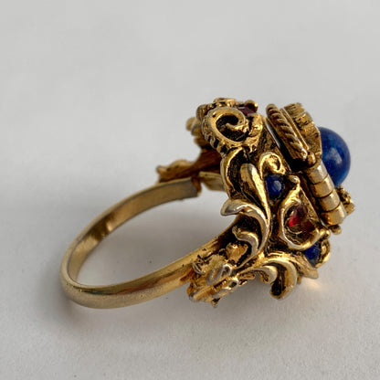 Vintage ART Arthur Pepper Signed Poison Ring Gold Blue Red Stones Adjustable