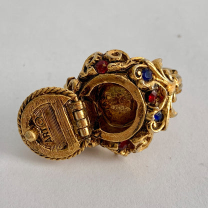 Vintage ART Arthur Pepper Signed Poison Ring Gold Blue Red Stones Adjustable