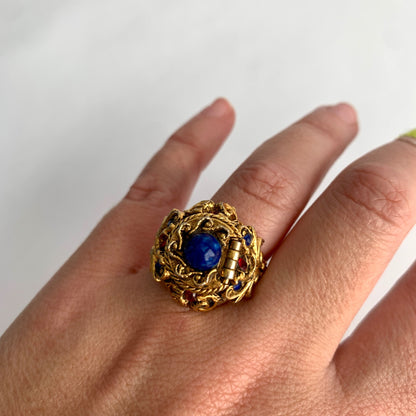 Vintage ART Arthur Pepper Signed Poison Ring Gold Blue Red Stones Adjustable