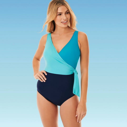 Women's Slimming Control Colorblock Wrap One Piece Swimsuit - Dreamsuit by Miracle Brands Teal Navy Blue