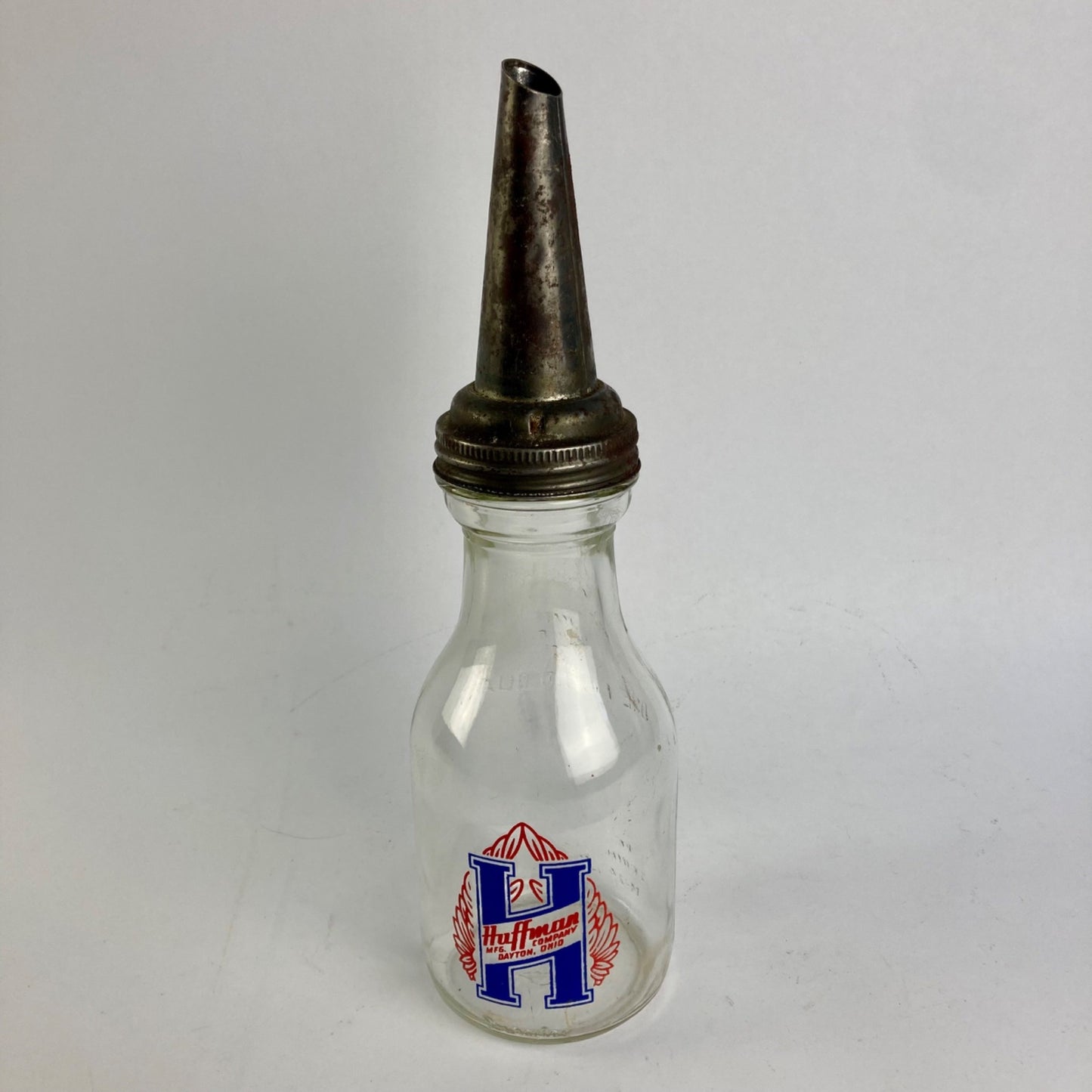 Vintage Glass Huffman Mfg Oil Bottle 1 Quart w/ Spout DAYTON, OH