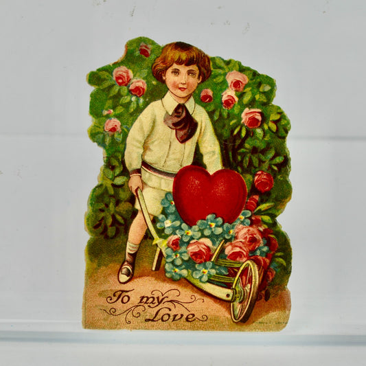 Vintage Valentine Card Boy Wheelbarrow Roses