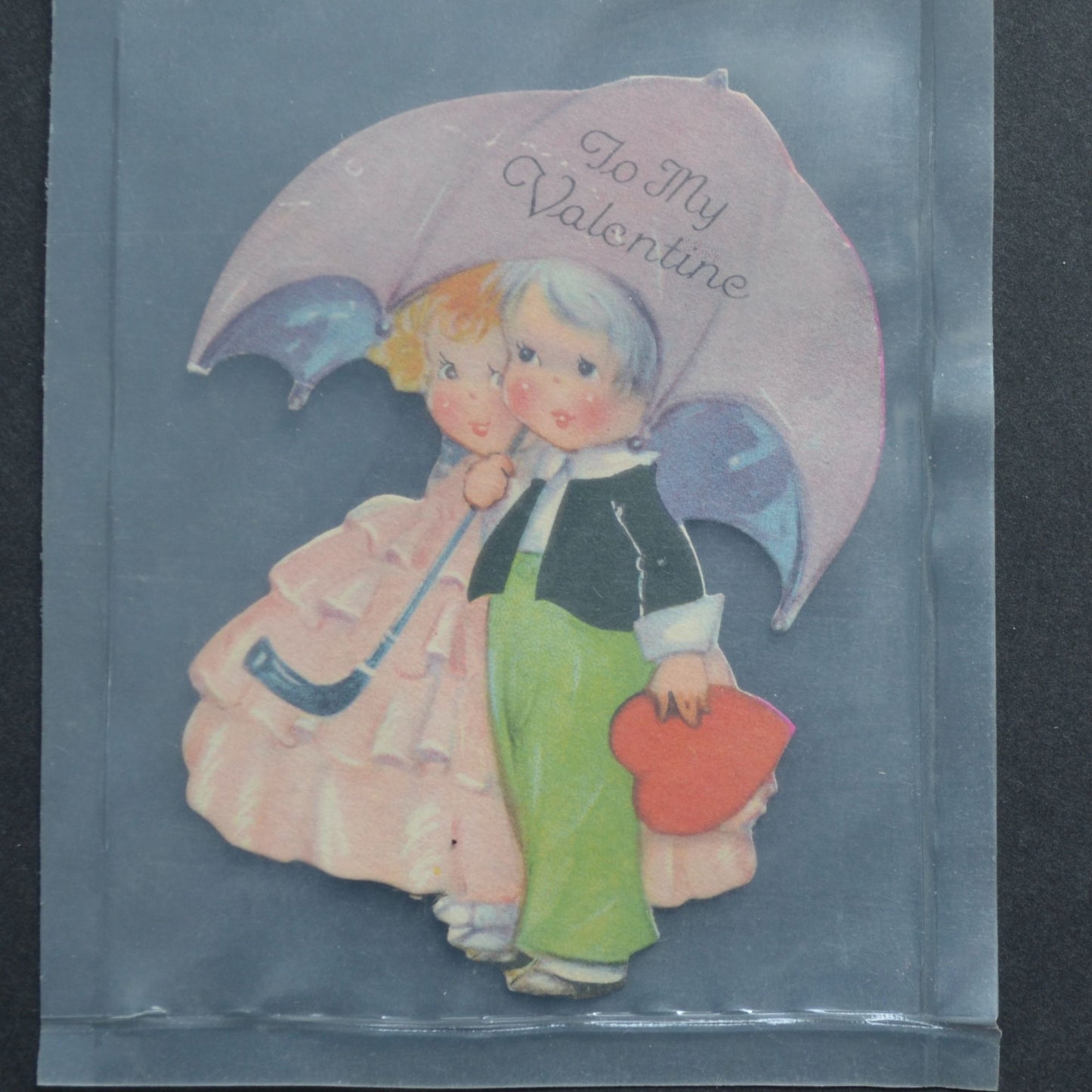 Vintage Valentine Card Boy Girl Umbrella To My