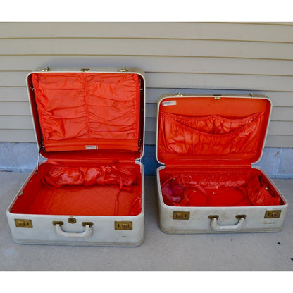 Lot 2 Vintage Oshkosh Luggage Suitcases Cream w/ Red Lining 1950-60's Set