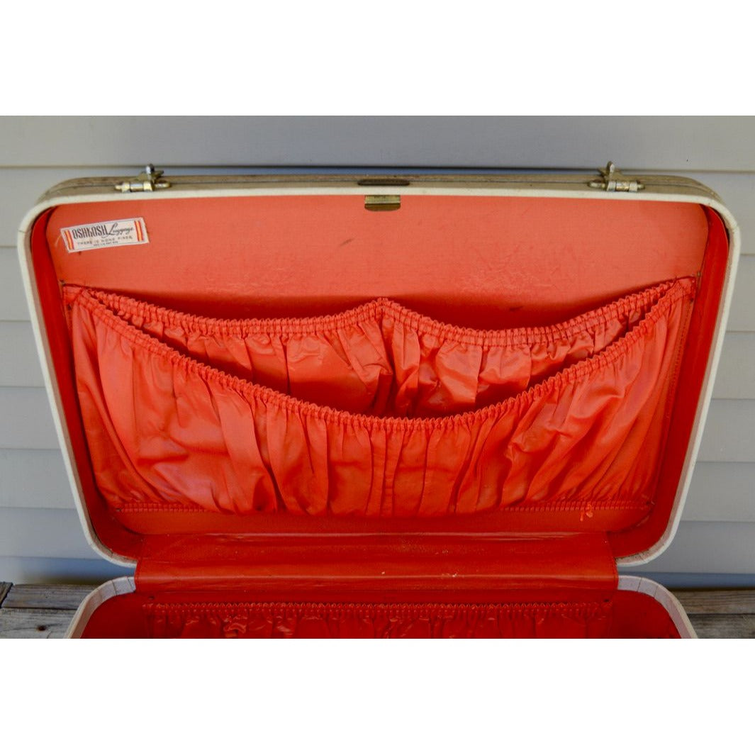 Lot 2 Vintage Oshkosh Luggage Suitcases Cream w/ Red Lining 1950-60's Set