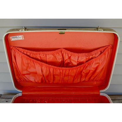 Lot 2 Vintage Oshkosh Luggage Suitcases Cream w/ Red Lining 1950-60's Set
