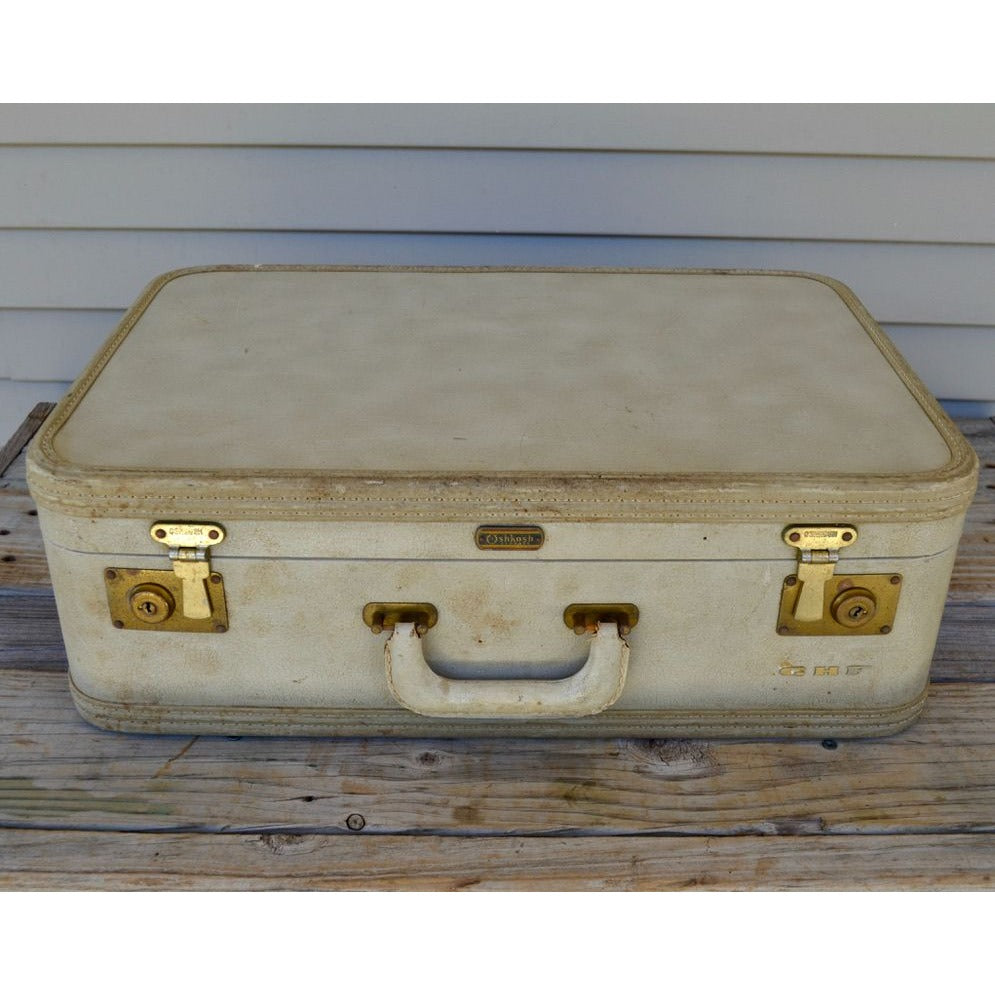Lot 2 Vintage Oshkosh Luggage Suitcases Cream w/ Red Lining 1950-60's Set