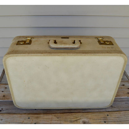 Lot 2 Vintage Oshkosh Luggage Suitcases Cream w/ Red Lining 1950-60's Set