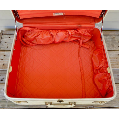 Lot 2 Vintage Oshkosh Luggage Suitcases Cream w/ Red Lining 1950-60's Set