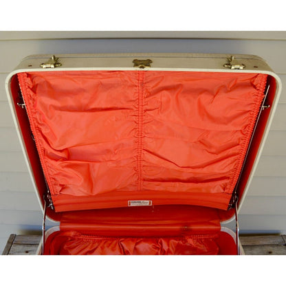 Lot 2 Vintage Oshkosh Luggage Suitcases Cream w/ Red Lining 1950-60's Set