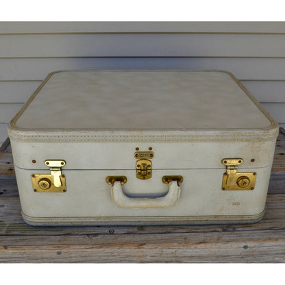 Lot 2 Vintage Oshkosh Luggage Suitcases Cream w/ Red Lining 1950-60's Set