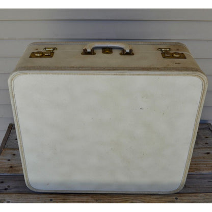 Lot 2 Vintage Oshkosh Luggage Suitcases Cream w/ Red Lining 1950-60's Set