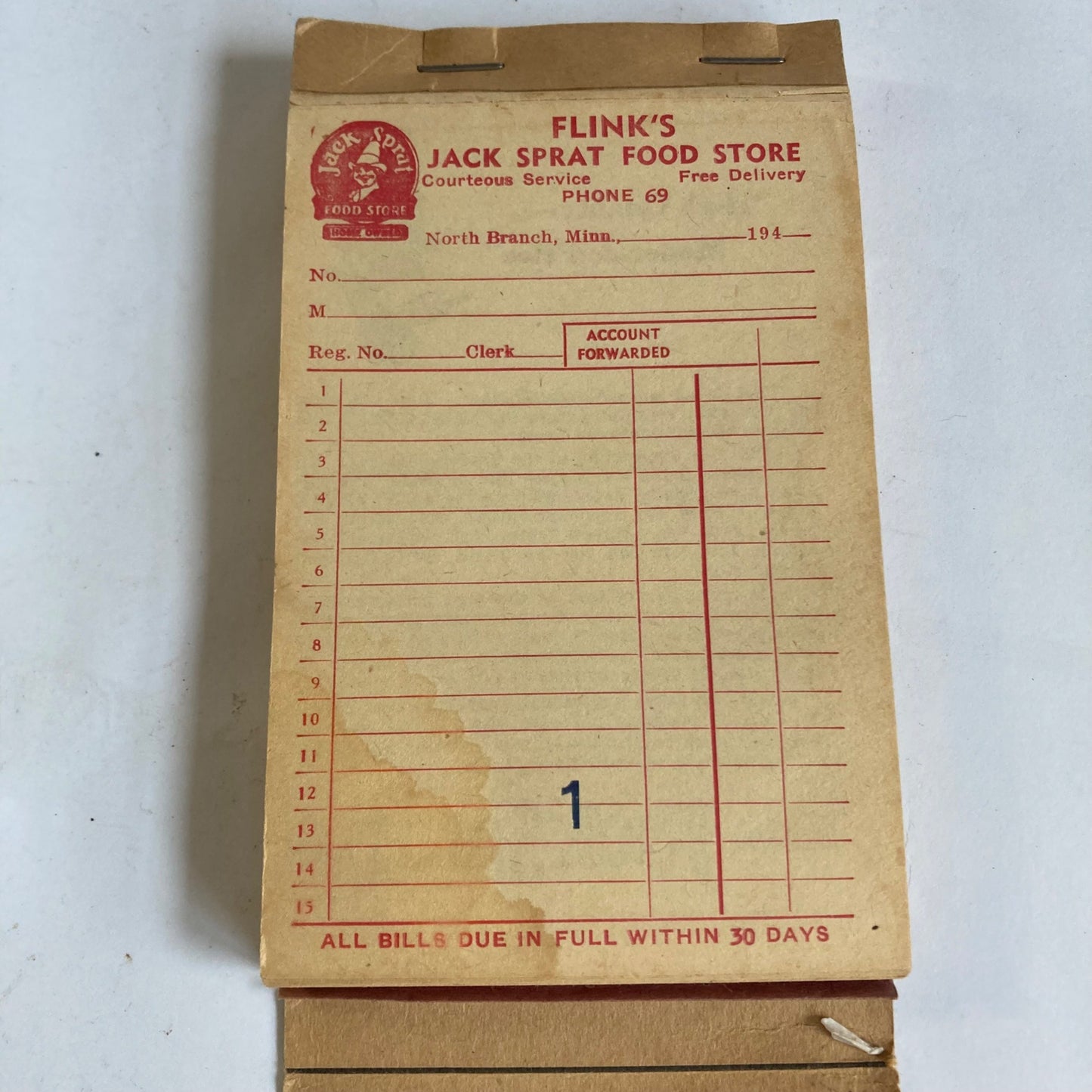 Lot Vintage 1940's Flink's Jack Sprat Food Store Invoice Book Receipt Ledger Ad