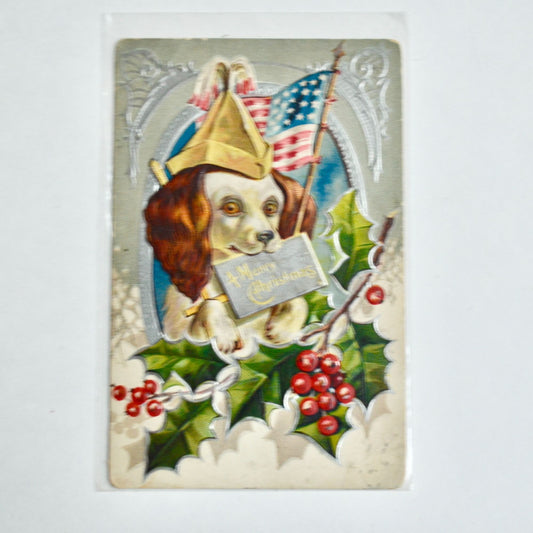 Early 1900s Antique Christmas Postcard Dog American Flag