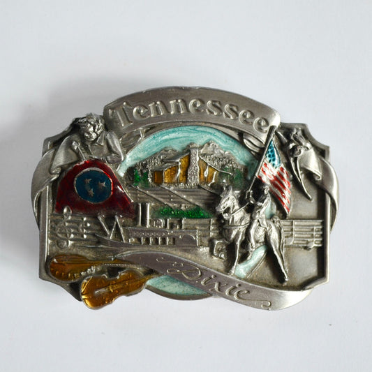 Tennessee Dixie Pewter Flag Horse Farm Music Multicolored Belt Buckle Vintage