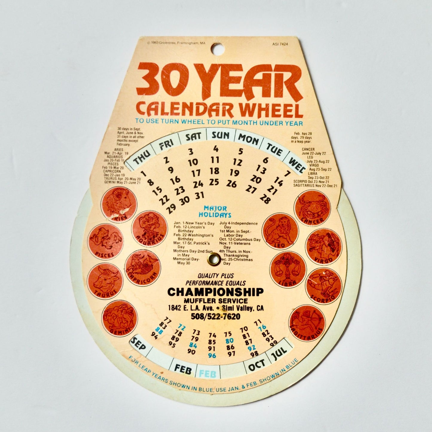 30 Year Calendar Wheel Vintage Championship Muffler Service 1983