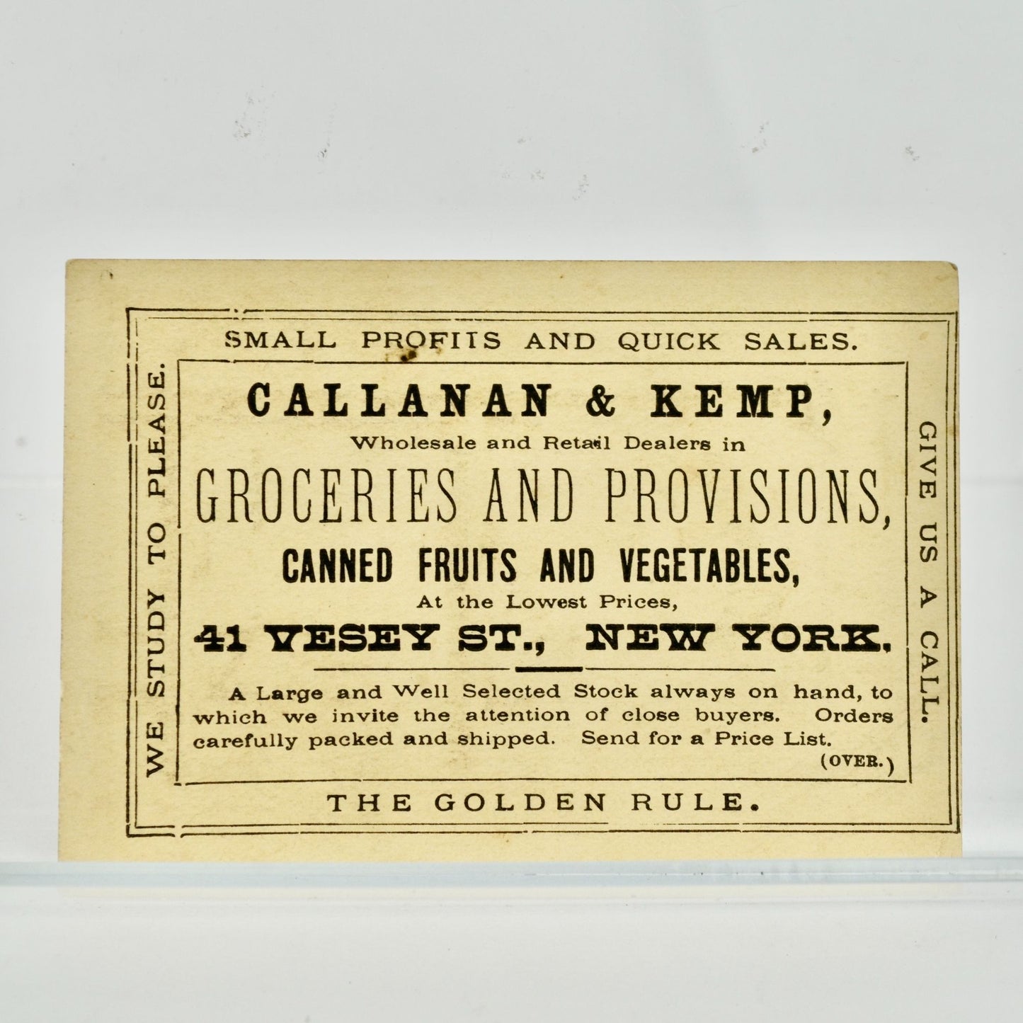 Callanan Kemp Groceries New York Victorian Trade Card