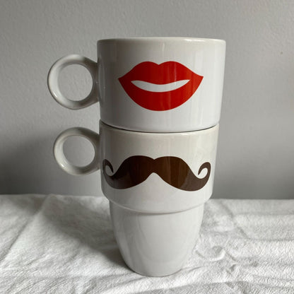 Caribou Coffee His and Hers Mustache Lips Coffee Mugs Pair of 2