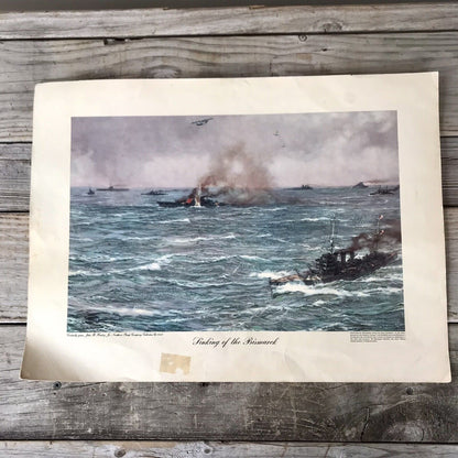 1943 WWII Lithograph “Sinking Of The Bismarck” Northern Pump Co Vintage Print