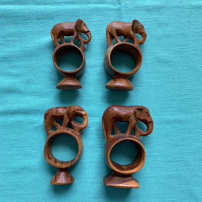 Vintage Handcarved Wooden Elephant Napkin Rings Set of 4