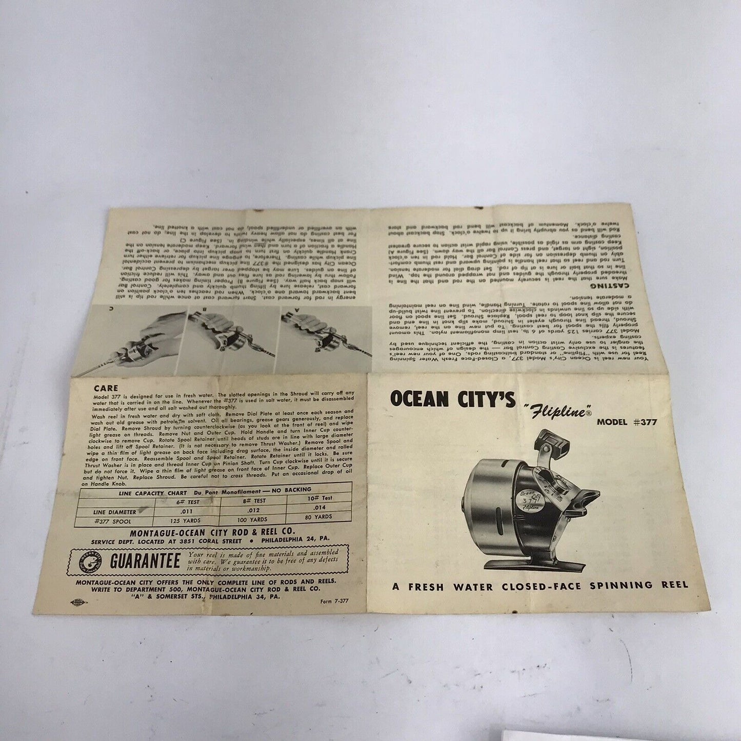 Vintage Ocean City’s Flipline 377 Fishing Reel Instructions Manual NO REEL