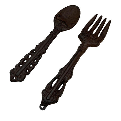 Cast Metal Dark Brown Spoon & Fork Decor 11”
