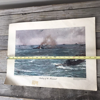 1943 WWII Lithograph “Sinking Of The Bismarck” Northern Pump Co Vintage Print