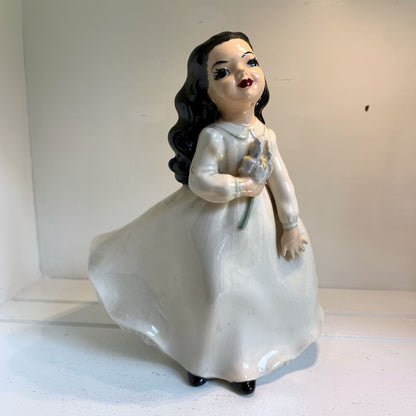 Holland Mold Vintage Glazed Ceramic Girl with Flower Figurine