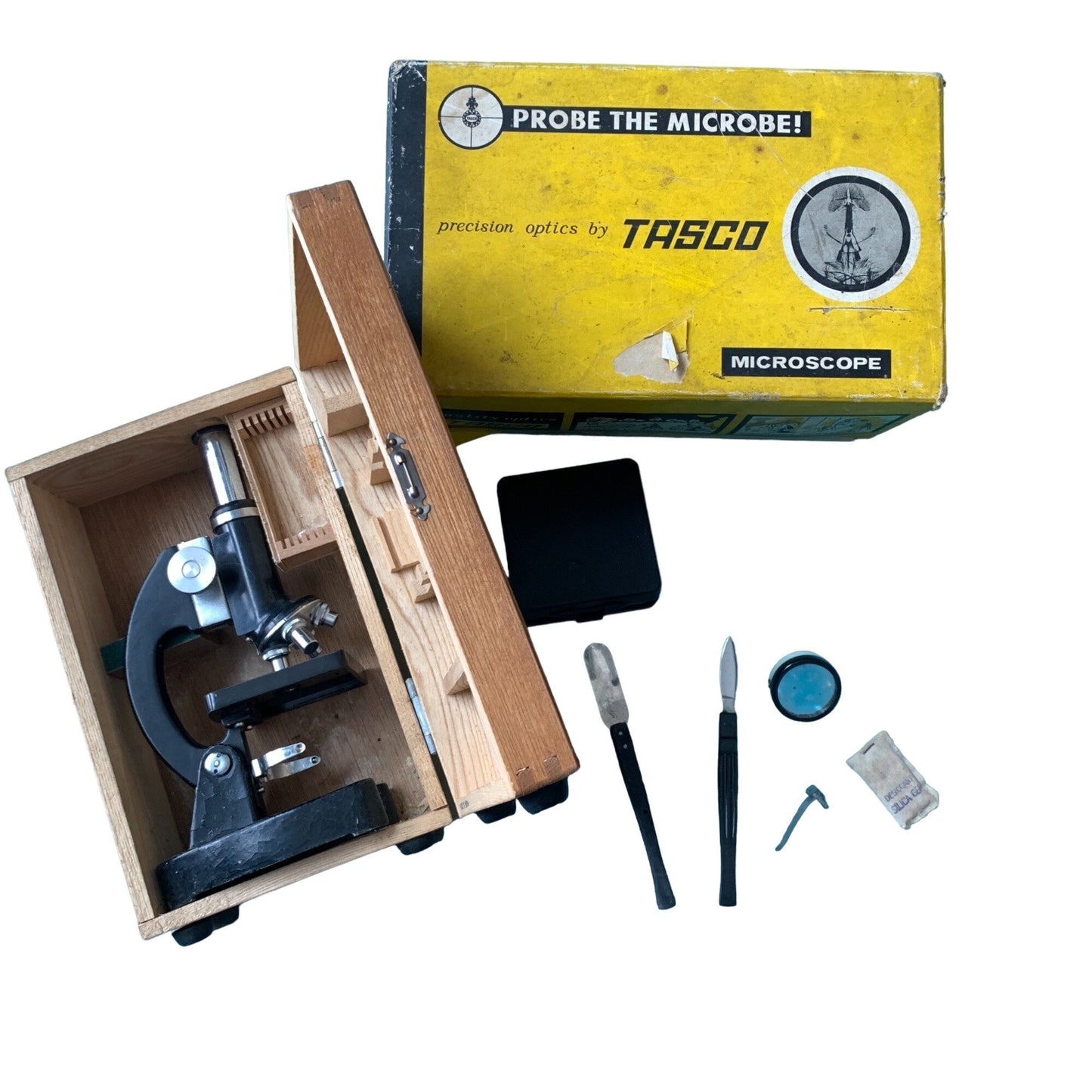 Vintage Tasco Microscope In Original Wood and Cardboard Box