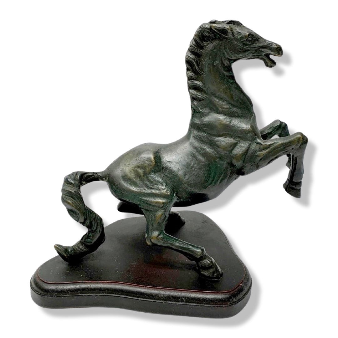 Metal Horse 3D Statue Figurine on Wood Base