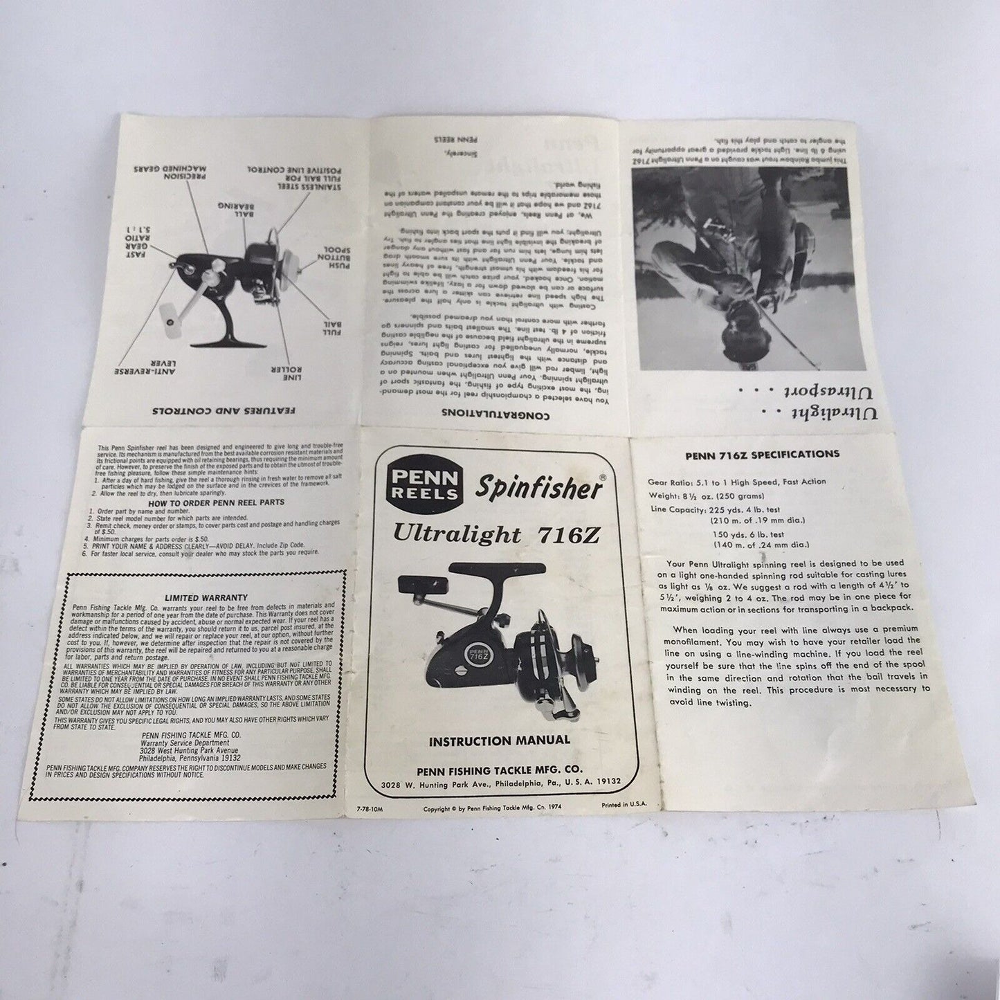 Vintage Penn Reels Spinfisher Ultralight 716Z Instruction Manual Parts List