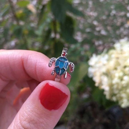New Fire Opal Blue Silver Ring Turtle