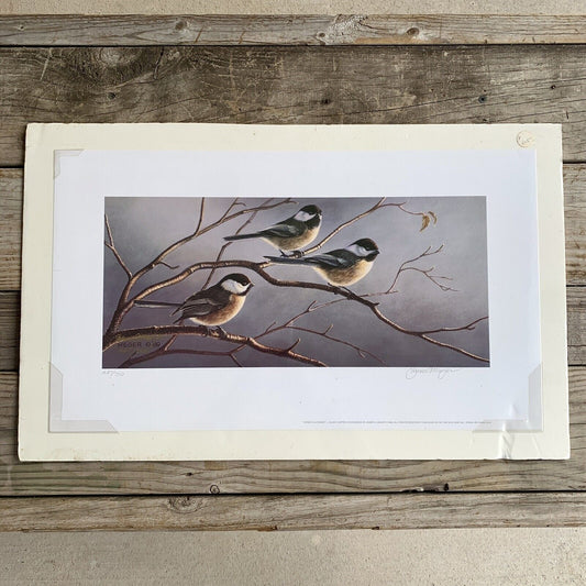 SIGNED Vintage Print: Three’s A Crowd by James Meger 1989 NOS, SEALED! Chickadee