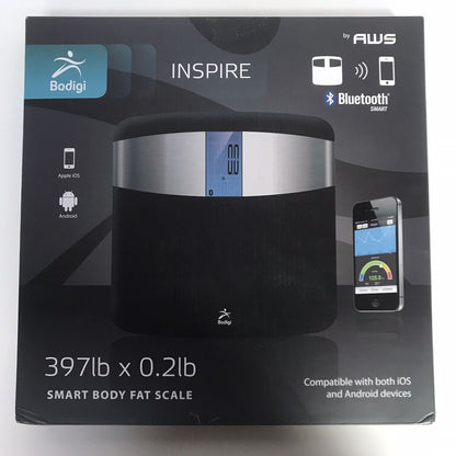 Bodigi Inspire Smart Body Fat Scale by AWS 397 lb x .2 lb Bluetooth IOS Android