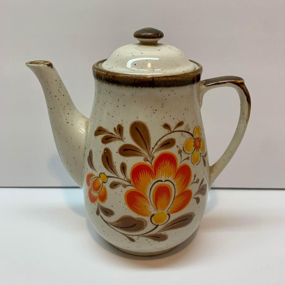 Vintage Brown Speckled Lidded Teapot Orange Floral