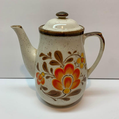 Vintage Brown Speckled Lidded Teapot Orange Floral