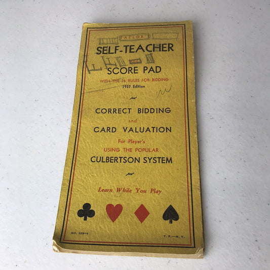 Vintage Taylor’s Self-Teacher Bridge Score Pad, 1937 Edition No. 133-1