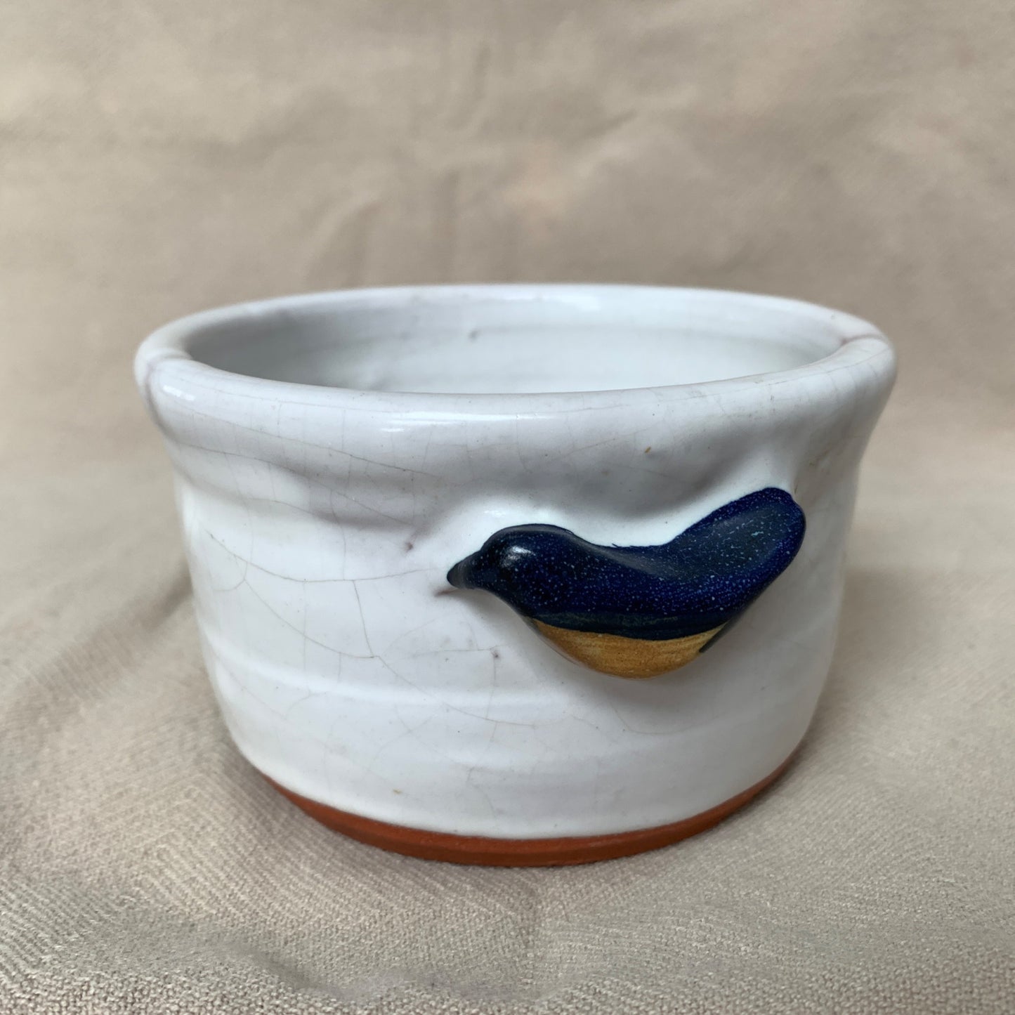 Vintage Handmade Pottery Small Bowl With Blue Birds on Sides