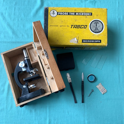 Vintage Tasco Microscope In Original Wood and Cardboard Box