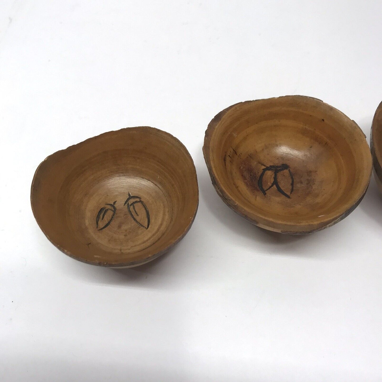 Set of 4 Vintage Miniature Handmade Wood Bowls? Engraved