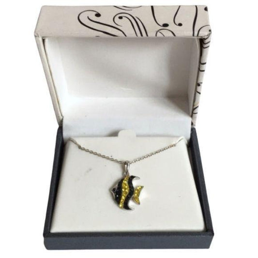 NEW Black & Yellow CZ Crystal Fish Necklace    NWT