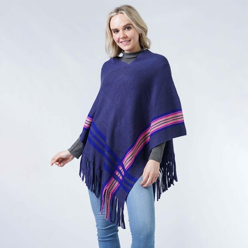 Knit Poncho With Contrast Detail and Tassel Fringe New Blue Pink