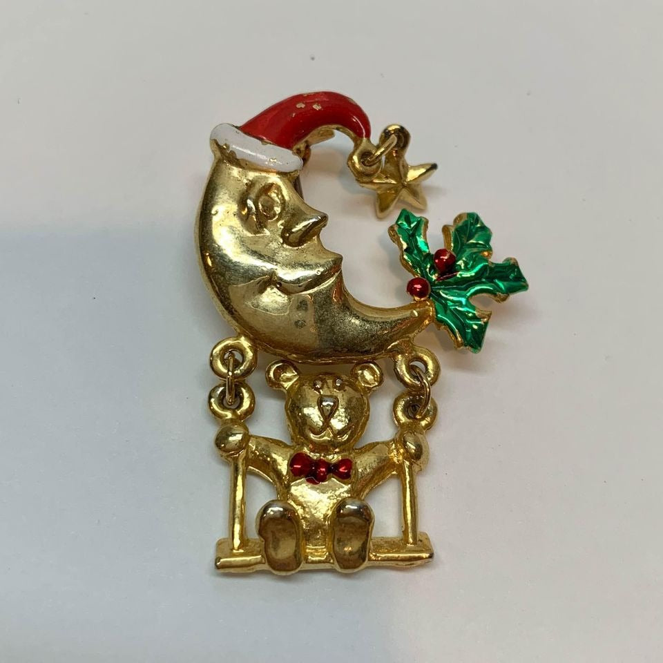 Vintage Christmas Moon & Bear Swinging Brooch Pin