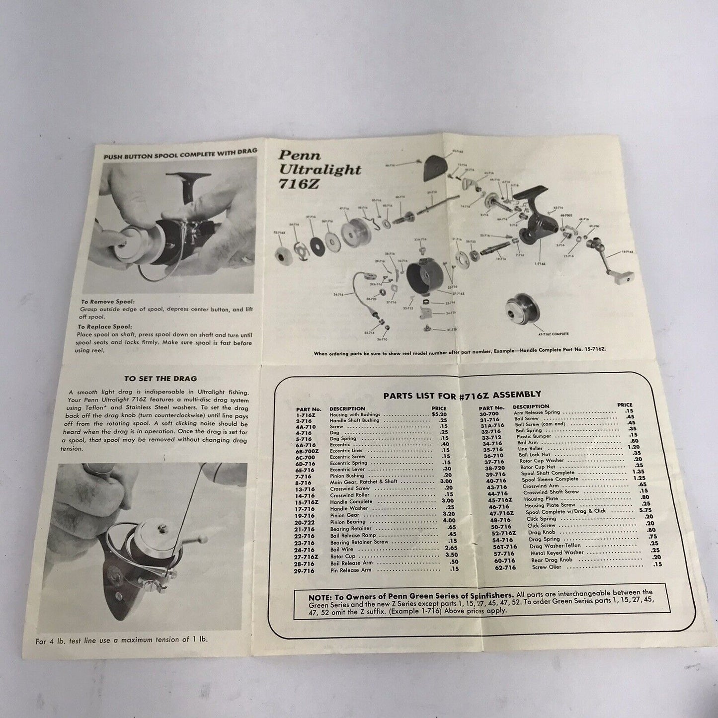 Vintage Penn Reels Spinfisher Ultralight 716Z Instruction Manual Parts List