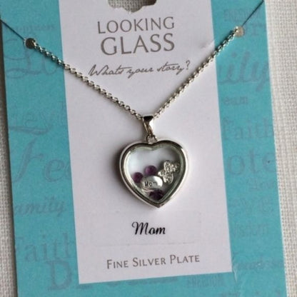 Looking Glass Silver Plate Mom Necklace Heart