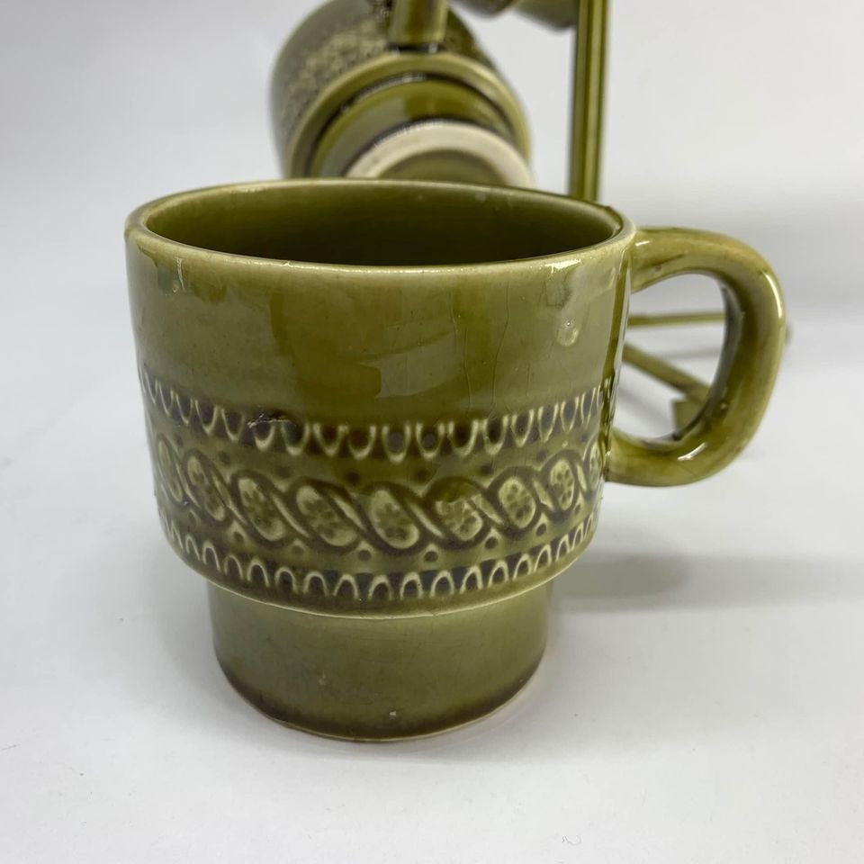 Vintage Avacado Green Japan Mugs Set of 5 with Stand