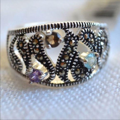 New Silver Plate Colored Crystal Marcasite Ring