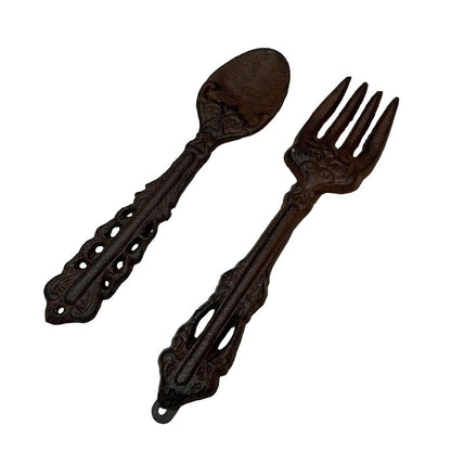 Cast Metal Dark Brown Spoon & Fork Decor 11”