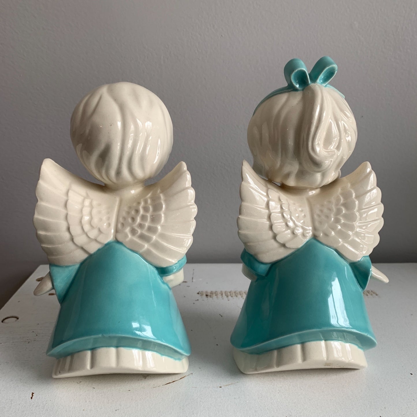 Vintage Teal & Ivory White Ceramic Kissing Angels Pair