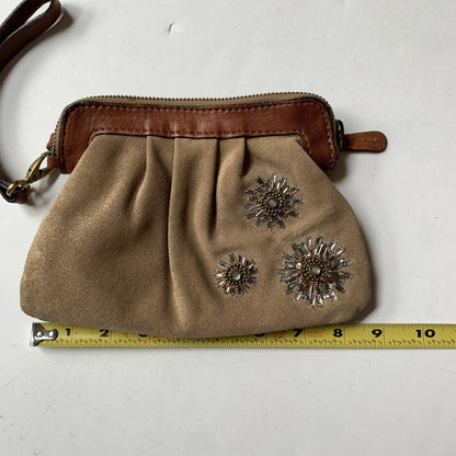 Vintage Fossil Wristlet Beaded Floral Tan Brown Leather